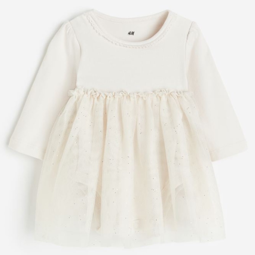 H&M Baby Bodysuit Dress with Tulle Skirt in Light Beige with Gold Sparkle